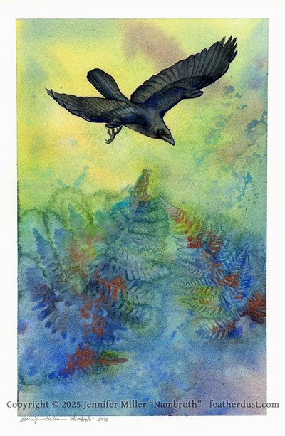 "Crow and Rising Fern" #2 Original - Watercolor Painting