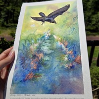 "Crow and Rising Fern" #2 Original - Watercolor Painting - Thumbnail 2