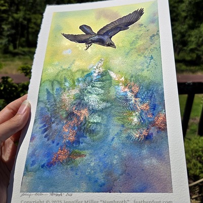 "crow and rising fern" #2 original - watercolor painting
