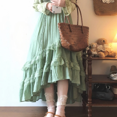  Vintage Ruffle  High Waist A-Line Skirt 