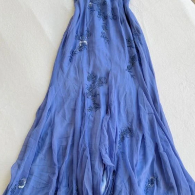 A line straps blue long prom dress with beading