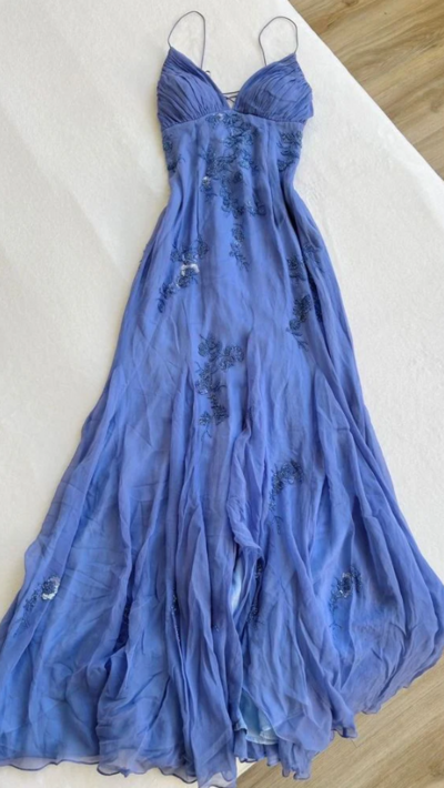 A Line Straps Blue Long Prom Dress with Beading