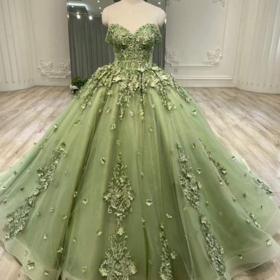 Off shoulder ball gown green a line tulle green prom dresses