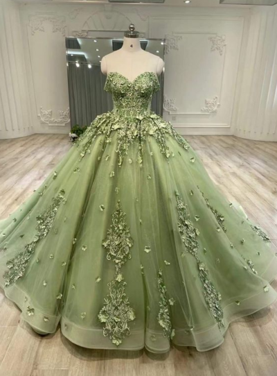 Off Shoulder Ball Gown Green A Line Tulle Green Prom Dresses