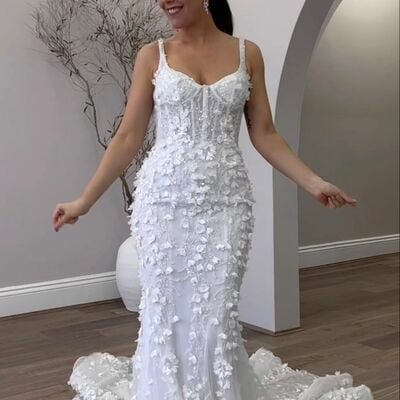 Elegant wedding dress, mermaid 3d handmade flowers floral lace bridal dress bridal gown