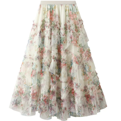 Vintage high waist boho irregular patchwork floral mesh skirt