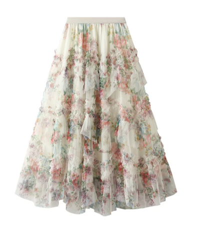 Vintage High Waist Boho Irregular Patchwork Floral Mesh Skirt