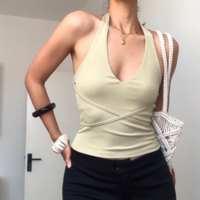 Sexy U-neck cross-ties short slim fit outerwear halter neck vest - Thumbnail 5
