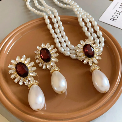  Elegant French Style Flower Inlaid Rhinestone Drop Pearl Necklace & Earring Set