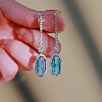 Elegant Crystal Dangle Silver & Gold Sky Blue CZ Drop Earrings - Thumbnail 2