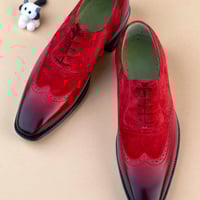 Crafted Leather Classic Red Patina Suede Leather Wingtip Formal Oxford Dress Shoes - Thumbnail 2