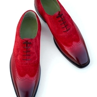 Crafted Leather Classic Red Patina Suede Leather Wingtip Formal Oxford Dress Shoes - Thumbnail 1