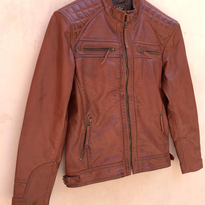 Crafted leather men's motorcycle brown genuine lambskin leather slim fit biker jacket 