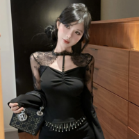 Elegant Gothic Black Lace-Up Long Sleeve Top  - Thumbnail 2