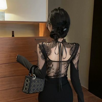 Elegant gothic black lace-up long sleeve top 