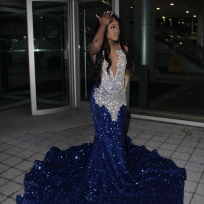 Mermaid royal blue sequins  african formal party dresses