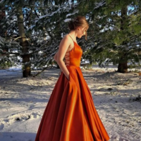 A Line Orange Backless Satin Prom Dress with Pockets  - Thumbnail 1