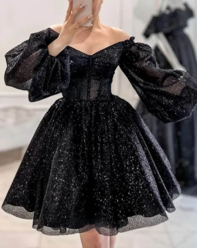 Sparkly Short Black Puffy Sleeve Prom Dress