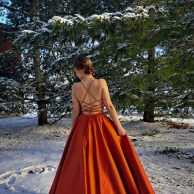 A line orange backless satin prom dress with pockets 