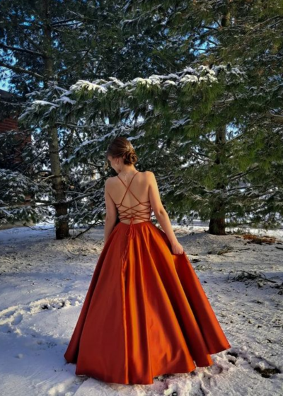 A Line Orange Backless Satin Prom Dress with Pockets 