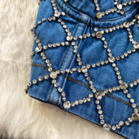Spaghetti Strap Push-Up Rhinestone Ripped Denim Bustier Top - Thumbnail 1