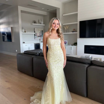 Elegant straps yellow backless lace prom dresses - Thumbnail 1