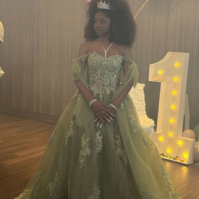 Princess a line green tulle lace prom dresses - Thumbnail 1