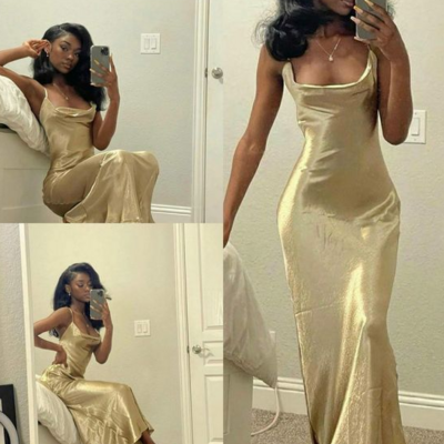 Simple black girl gold backless evening dresses - Thumbnail 1