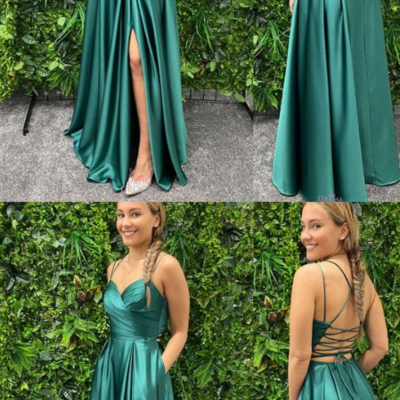 Simple green slit side prom dresses with criss cross - Thumbnail 2