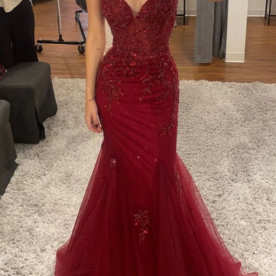 Mermaid burgundy long prom dresses formal evening dress  - Thumbnail 1