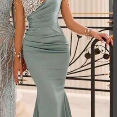 Blue mermaid beading crystals prom dress evening formal gown