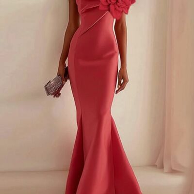 Orange mermaid one shoulder 3d handmade flower prom dress evening formal gown