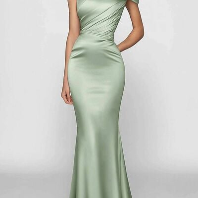 Green mermaid one shoulder satin prom dress evening formal gown