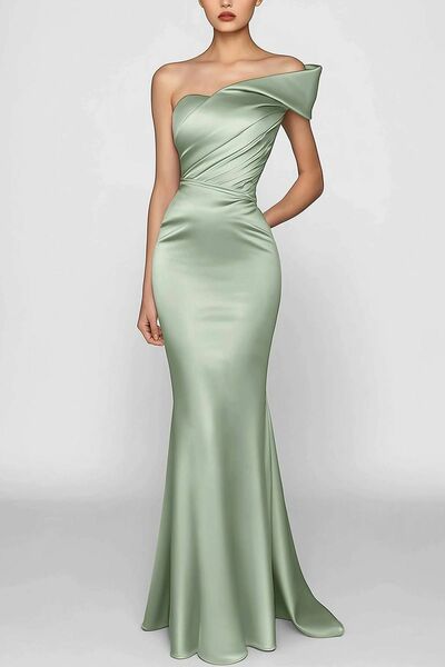 Green Mermaid One Shoulder Satin Prom Dress Evening Formal Gown
