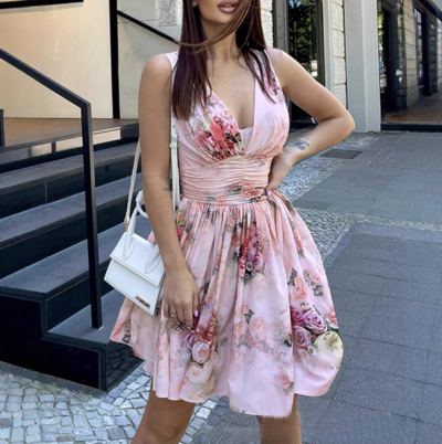 Elegant Women'S Pink Floral Sleeveless Dress