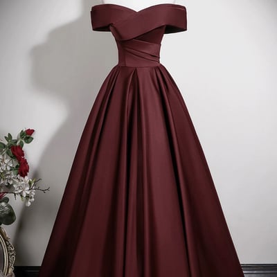 Burgundy satin long prom dress, a-line off the shoulder party dress - Thumbnail 1