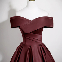Burgundy Satin Long Prom Dress, A-Line Off the Shoulder Party Dress - Thumbnail 2
