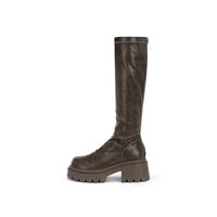 Genuine leather thick heel pleated mid-high elastic pile women's knight boots  - Thumbnail 1