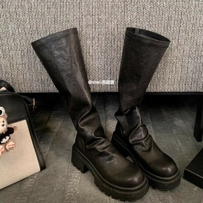 Genuine leather thick heel pleated mid-high elastic pile women's knight boots 