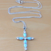 BOXED GIFT/Sterling Silver Blue Opal Cross Pendant & Chain/Blue Opal Necklace/Cross Pendant/Cross Jewellery/Opal Jewellery/UK - Thumbnail 1