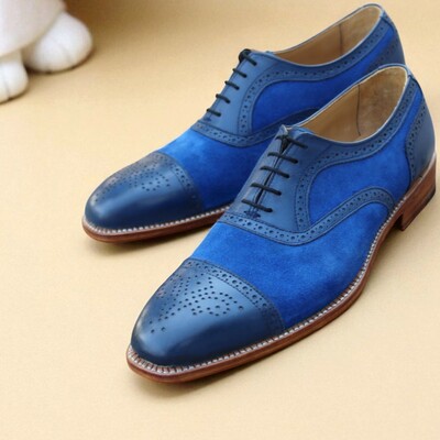 Crafted leather classic blue suede leather formal oxford lace up dress shoes - Thumbnail 3