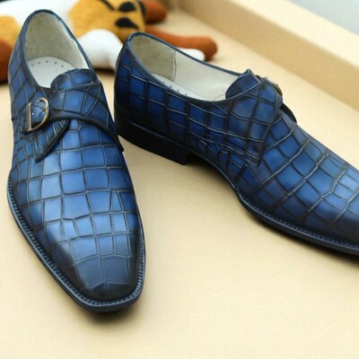 Crafted leather handmade classic blue crocodile/alligator leather single monk dress shoes - Thumbnail 2