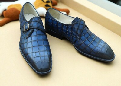 Crafted Leather Handmade Classic Blue Crocodile/Alligator Leather Single Monk Dress Shoes