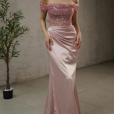 Pink mermaid off the shoulder sequins prom dress evening formal gown - Thumbnail 3
