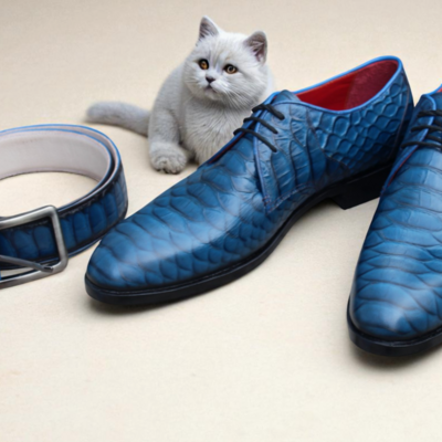 Crafted leather classic blue python leather lace up business dress oxford shoes with matching belt - Thumbnail 1
