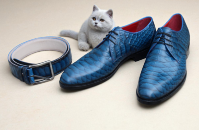 Crafted Leather Classic Blue Python Leather Lace up Business Dress Oxford Shoes with Matching Belt