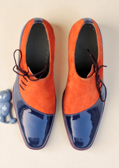 Crafted Leather Classic Blue Patent Suede Leather Lace up Dress Shoes