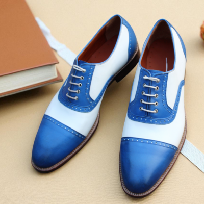 Crafted leather classic blue white leather oxford formal lace up dress shoes - Thumbnail 2