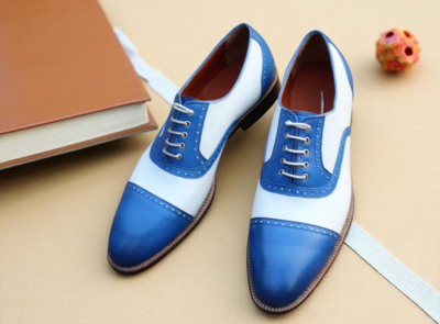 Crafted Leather Classic Blue White Leather Oxford Formal Lace up Dress Shoes