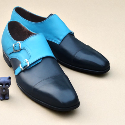 Crafted leather classic blue double monk strap shoes - Thumbnail 1